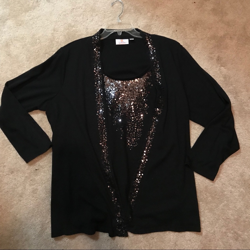 Quicker Factory Black 3/4 Sleeve Sequin Top
